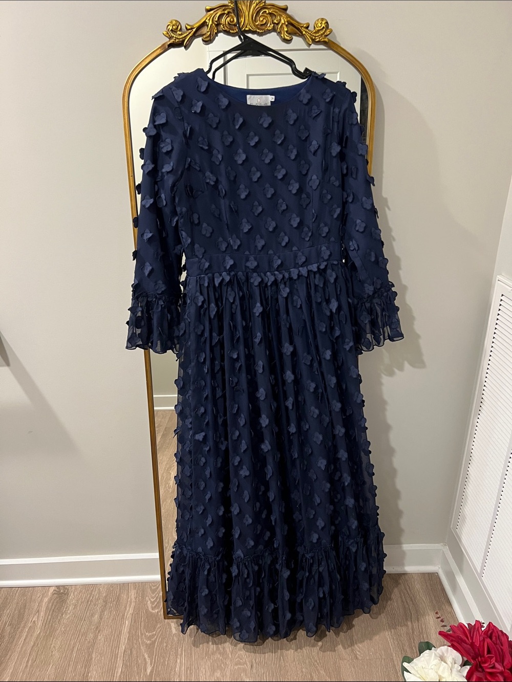Navy Floral Appliqué Long Sleeve Dress